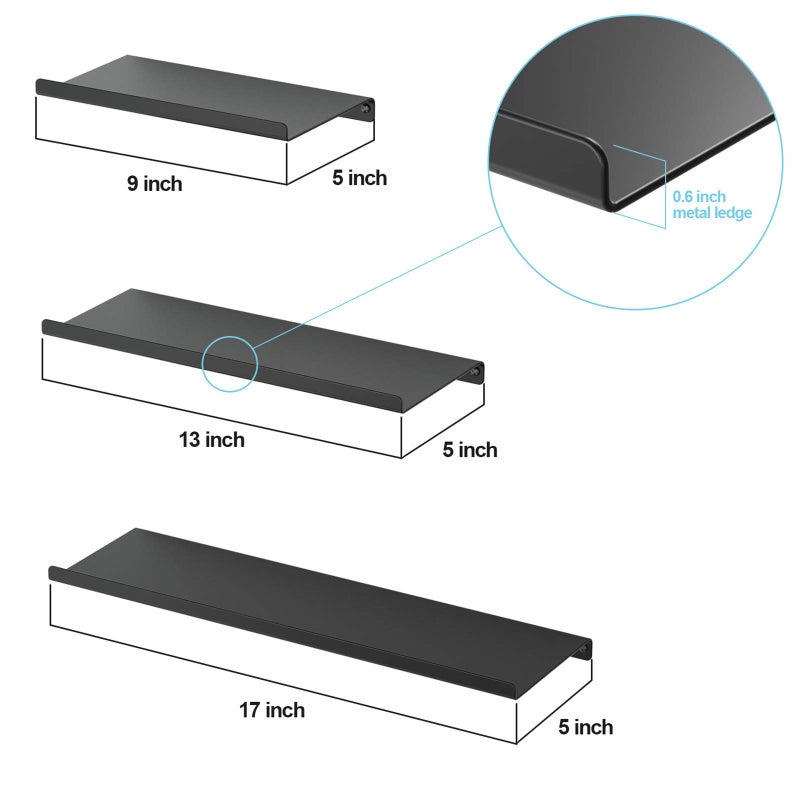 SRIWATANA Black Floating Shelves, Metal Wall Shelves Set of 3 for Bedroom, Living Room, Bathroom, Kitchen, Matte Black - Image 4